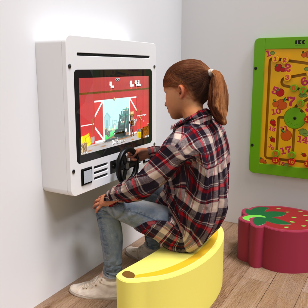 interactive play system with a steering wheel and various educational games wall games and soft play seat cushions