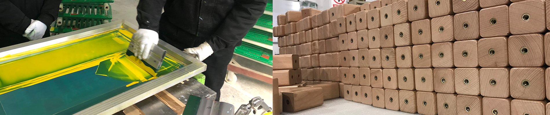 Medewerker aan het werk met zeefdruk in de fabriek en stapels houten onderdelen – duurzame productieproces bij IKC